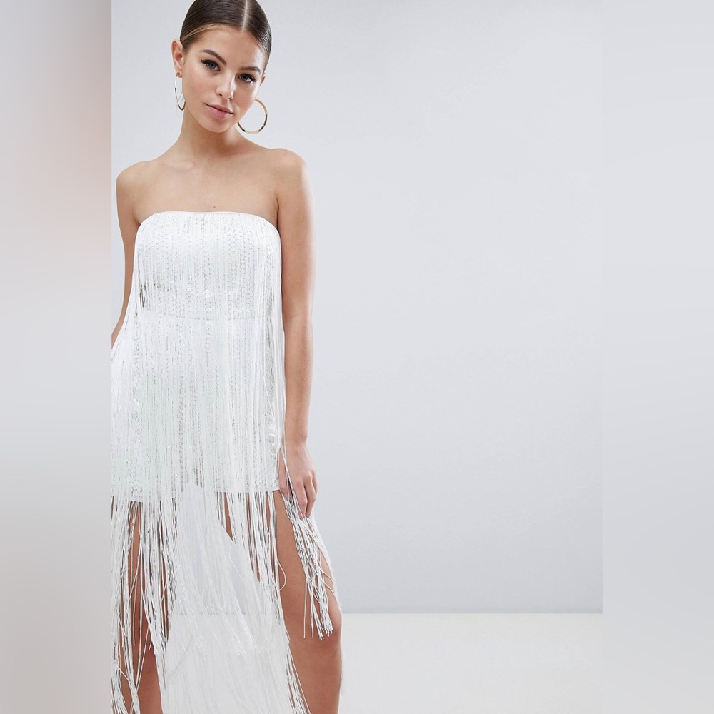 White embellished strapless romper with fringe